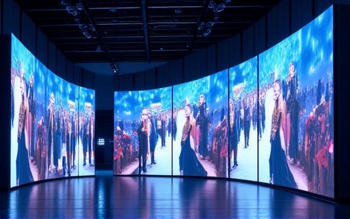 ランウェイを歩くモデルのライブ映像が映し出された複数のスクリーン